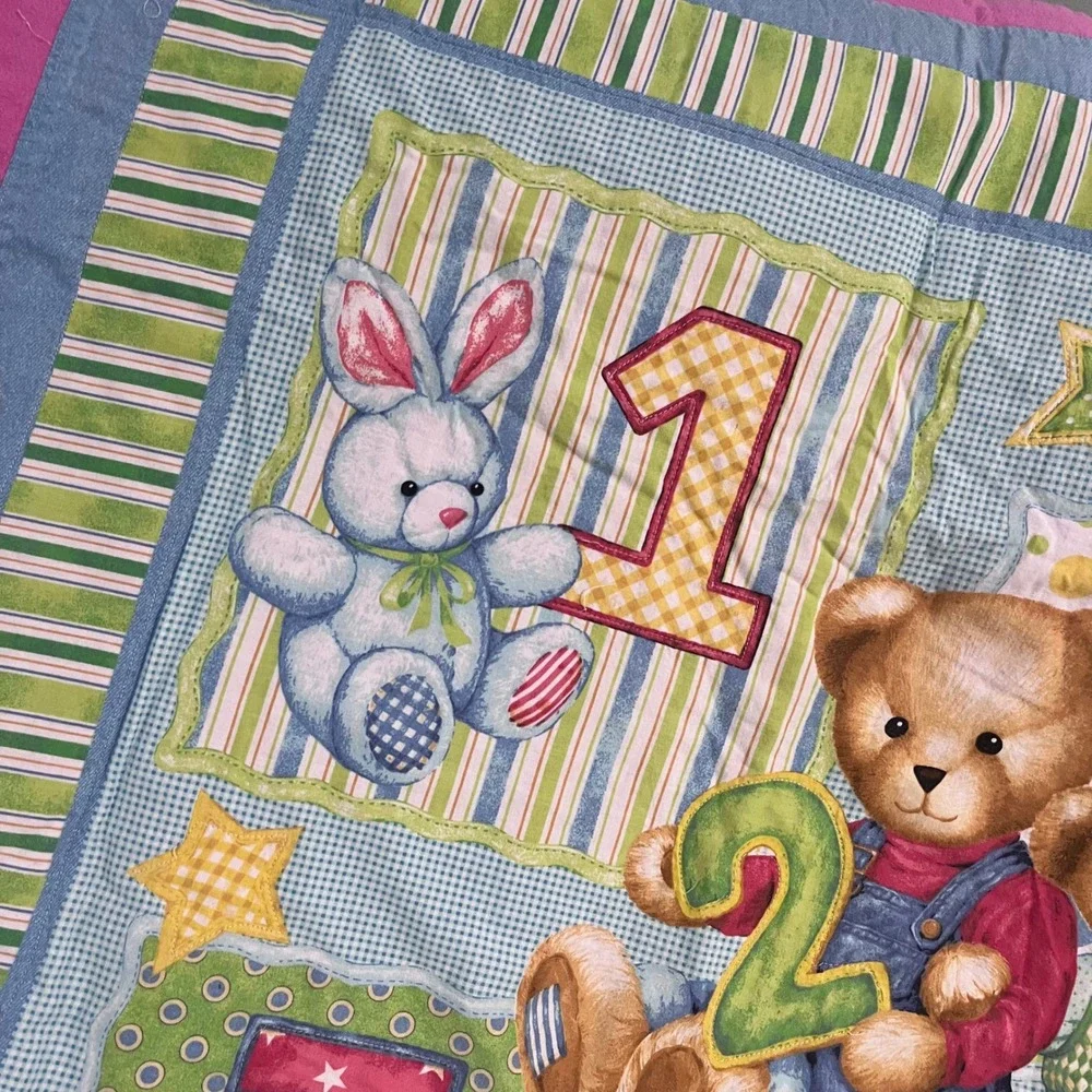 Vtg Handmade‎ Baby Quilt Blue Jean Teddy Animals Numbers Nursery Blanket 44x36